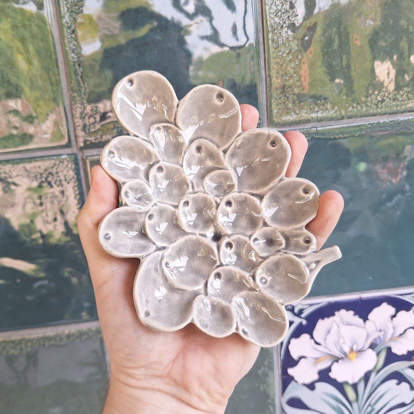 Vintage Ceramic Grape Cluster Trinket Dish, Grey Crackle Glaze Ring Holder