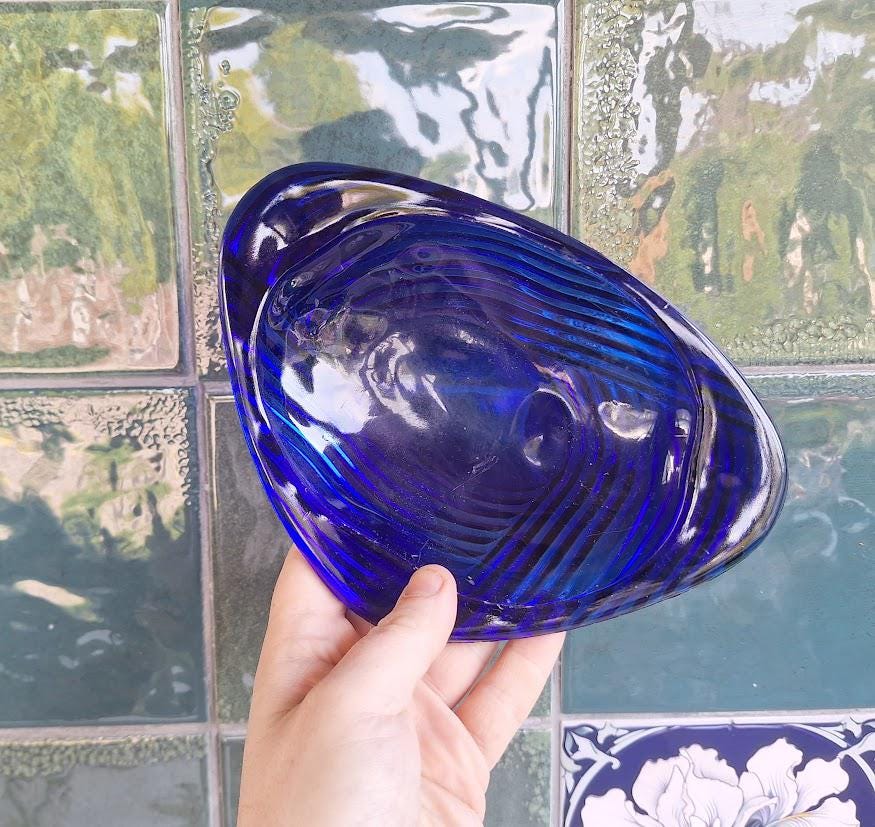 Vintage Cobalt Blue Glass Trinket Dish  Ribbed Swirl Art Glass Bowl, Scandinavian Decor