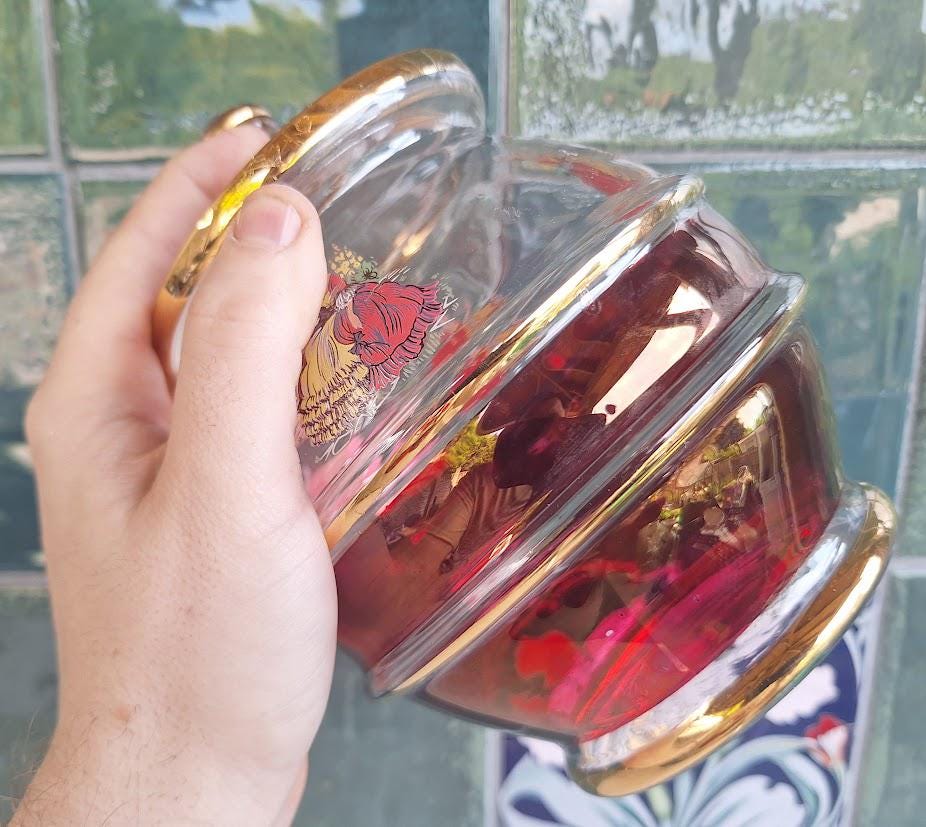 Vintage Cranberry Glass Trinket Pot: Gold Gilt Romantic Couple Design Candy Dish