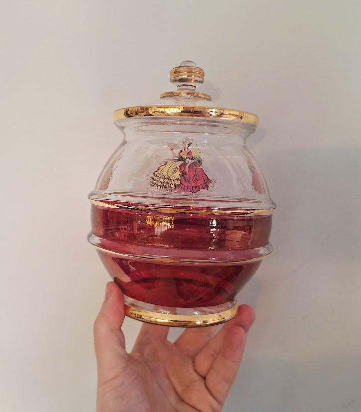 Vintage Cranberry Glass Trinket Pot: Gold Gilt Romantic Couple Design Candy Dish