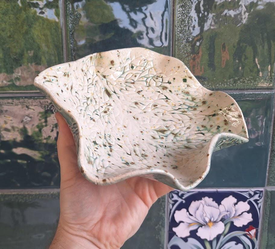 Handmade Studio Pottery Leaf Bowl: Speckled Glaze Botanical Trinket Dish