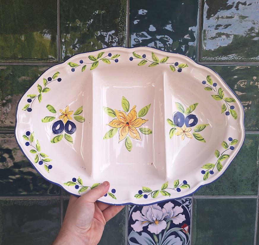 Hand Painted Ceramic Divided Platter: Olive Pattern Appetizer Dish Mediterranean Style