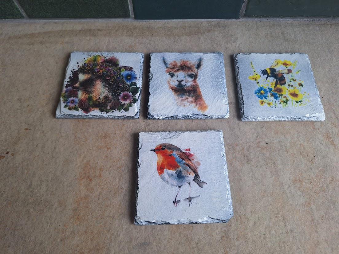 Set of 4 Slate Coasters: Hedgehog, Alpaca, Bumblebee, Robin Wildlife Illustrations