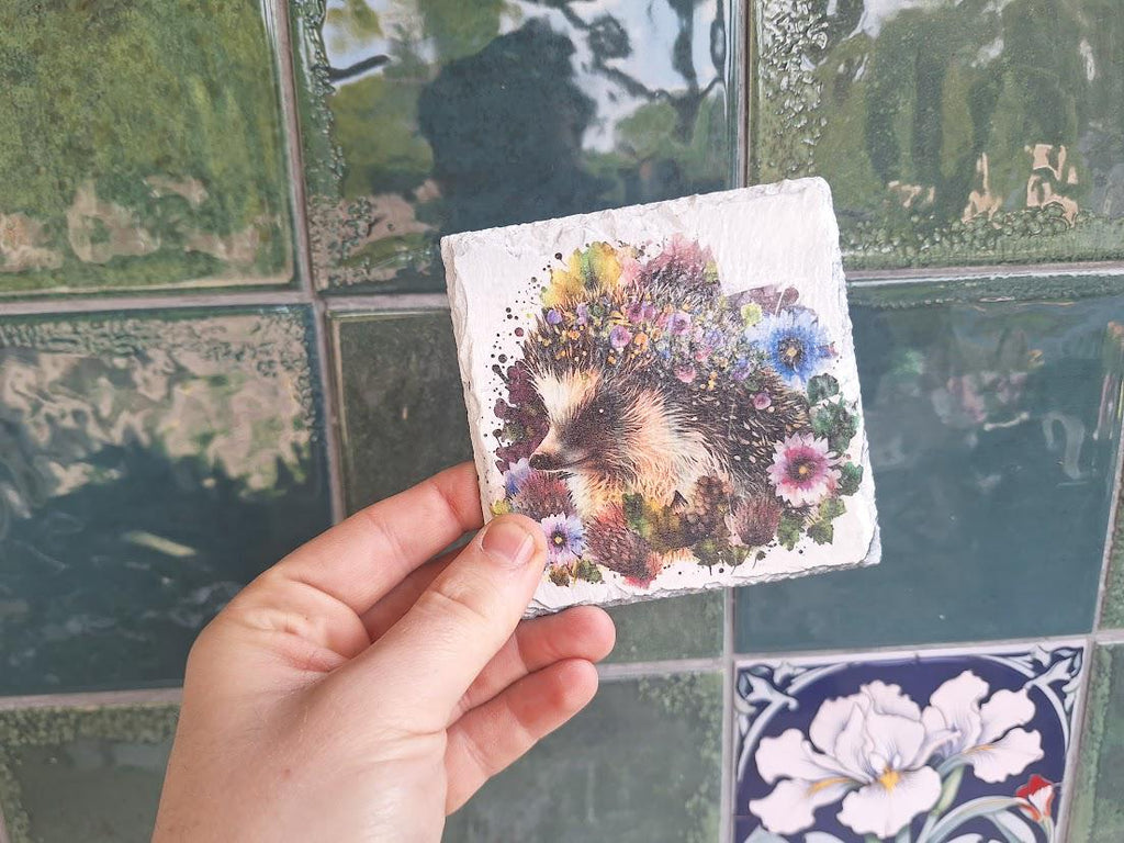 Set of 4 Slate Coasters: Hedgehog, Alpaca, Bumblebee, Robin Wildlife Illustrations