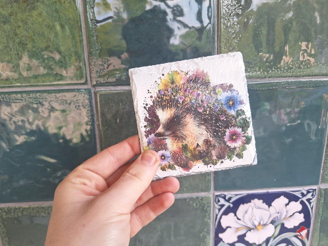 Set of 4 Slate Coasters: Hedgehog, Alpaca, Bumblebee, Robin Wildlife Illustrations