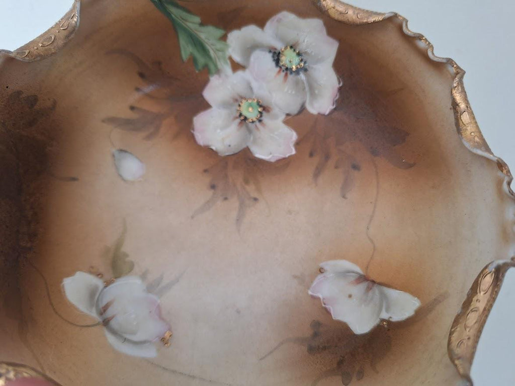 Antique Nippon Footed Porcelain Bowl: Hand Painted Floral Dish, Raised Enamel Flowers, Gilt Rim