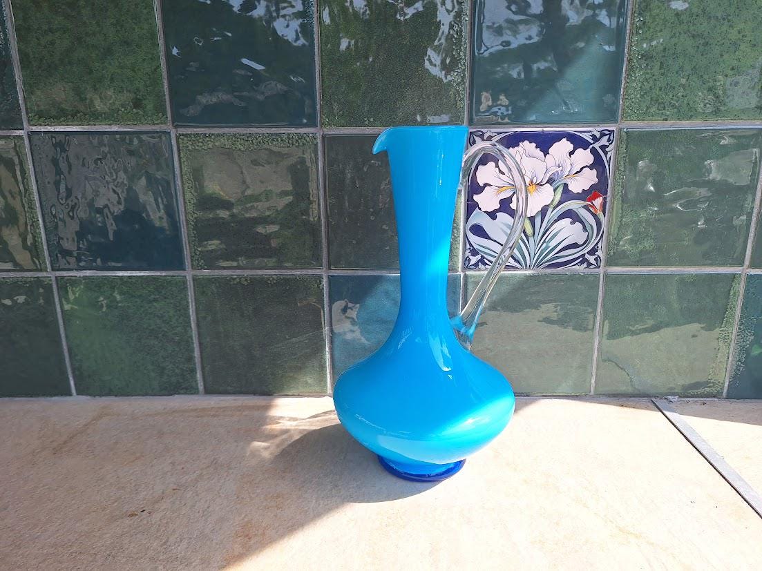 Vintage Blue Opaline Glass Ewer Jug Vase, Hand Blown Art Glass Pitcher