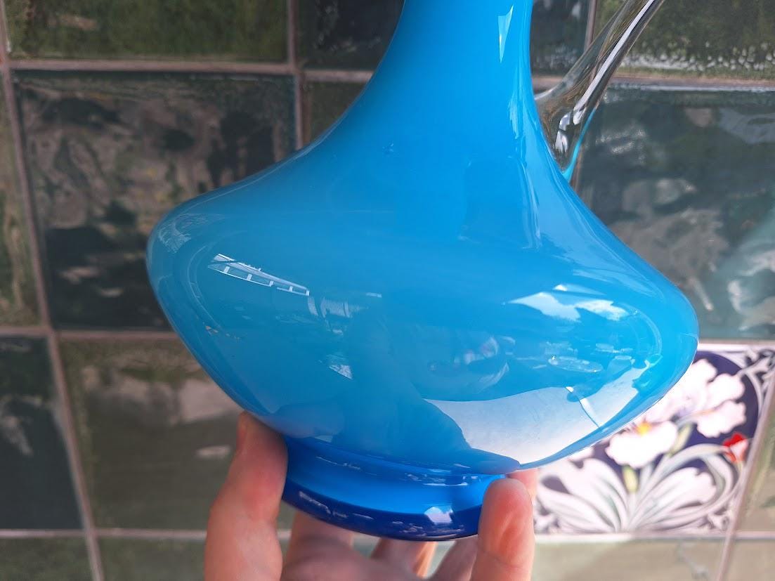 Vintage Blue Opaline Glass Ewer Jug Vase, Hand Blown Art Glass Pitcher