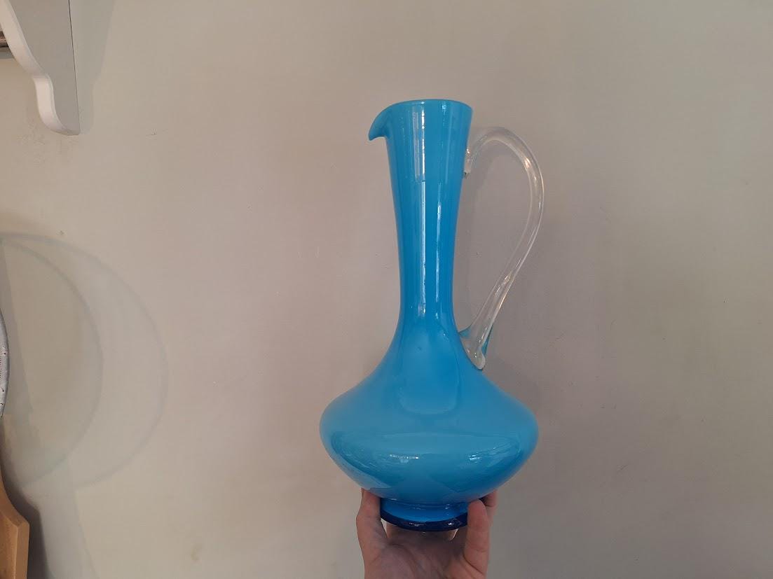 Vintage Blue Opaline Glass Ewer Jug Vase, Hand Blown Art Glass Pitcher