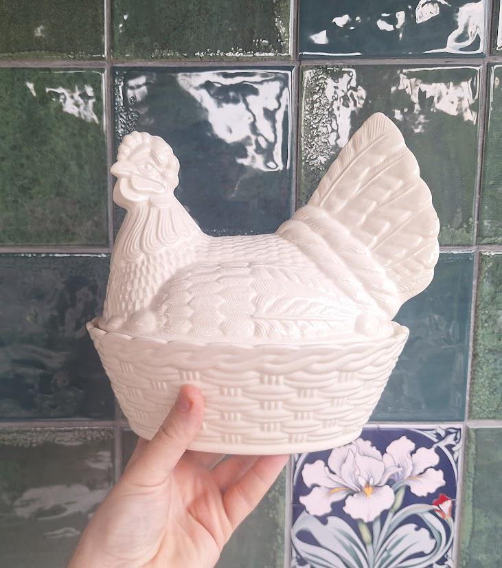 Beswick White Hen on Nest Covered Dish: Ceramic Basket Weave Tureen, Farmhouse Kitchen Decor