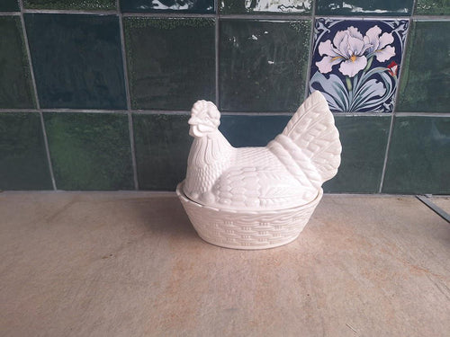 Beswick White Hen on Nest Covered Dish: Ceramic Basket Weave Tureen, Farmhouse Kitchen Decor