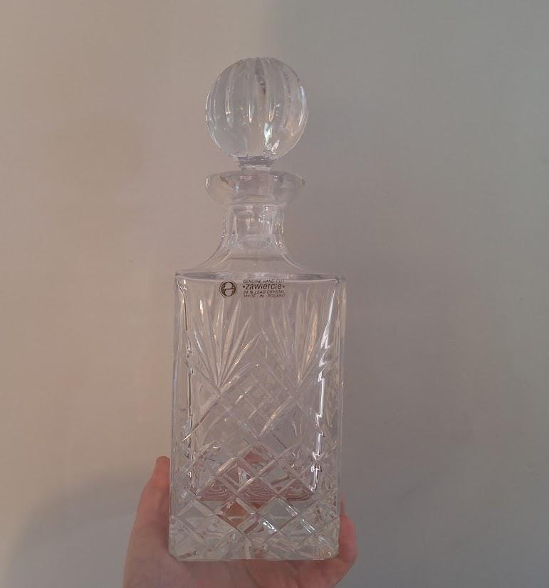 Vintage Zwiesel Hand-Cut 24% Lead Crystal Decanter  Square Spirit Bottle, Poland