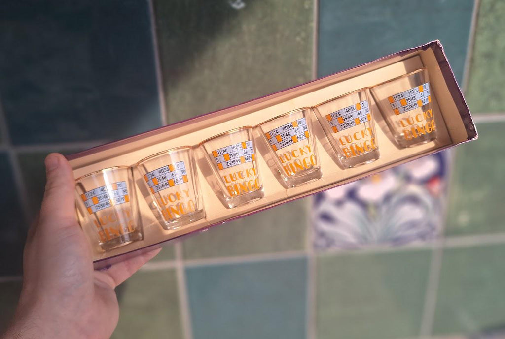 Vintage Lucky Bingo Shot Glasses Set, Novelty Retro Barware (Set of 6)