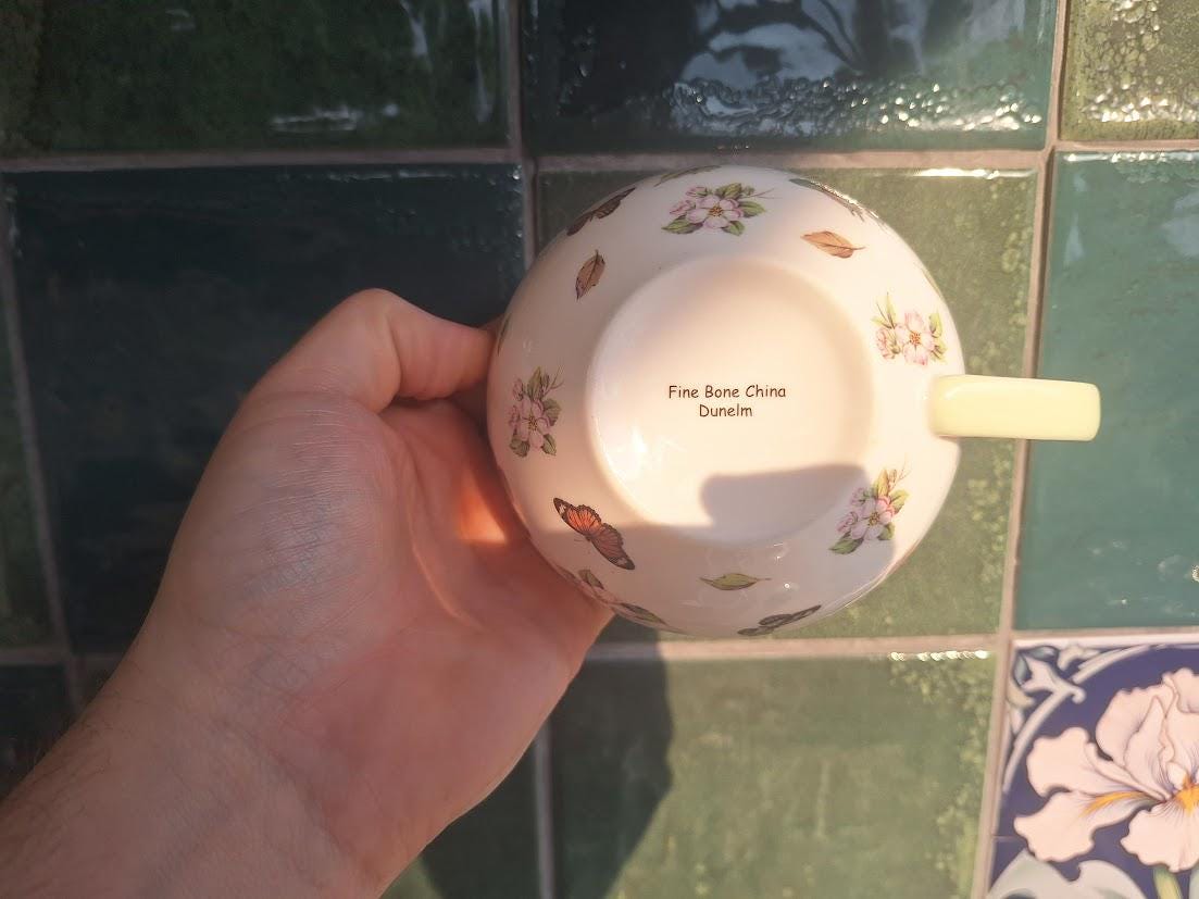 Dunelm Fine Bone China Tea For One Set: Butterfly Floral Stacking Teapot Cup Cottagecore