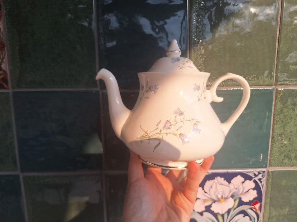 Royal Ascot Bluebell Teapot: Vintage Bone China, Made in England, Gold Trim
