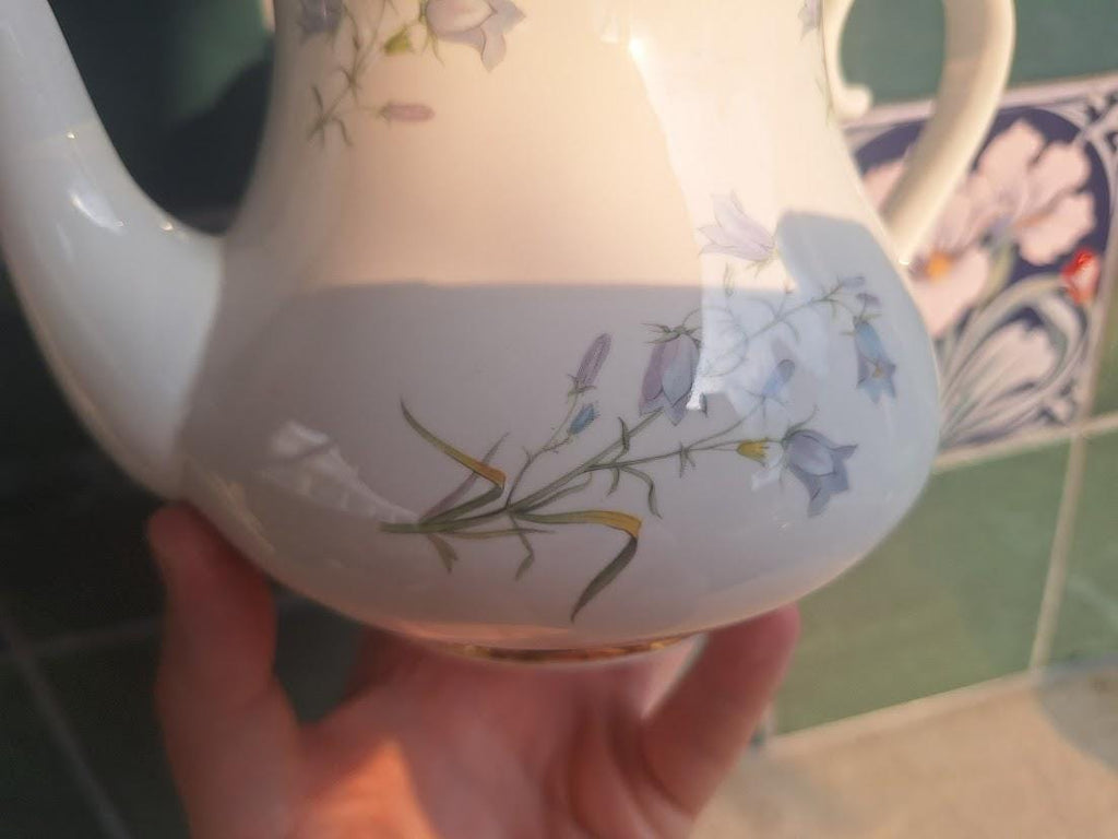 Royal Ascot Bluebell Teapot: Vintage Bone China, Made in England, Gold Trim