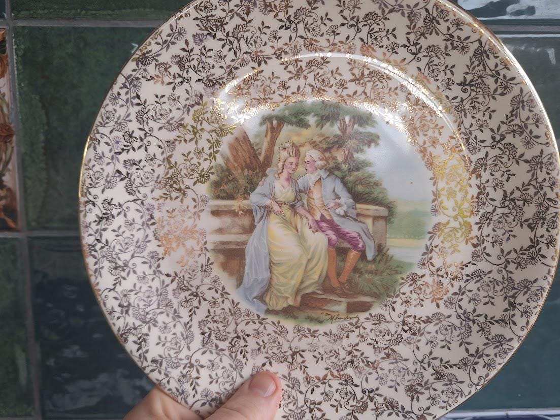 Vintage Alfred Meakin Plate: Romantic Courting Couple, Gold Chintz Floral, England