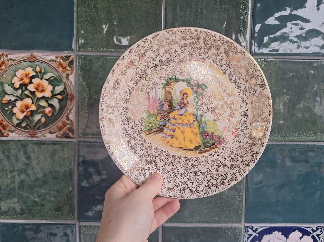 Vintage Alpine Melody Plate: Romantic Victorian Lady Garden Scene, Gilt Transferware Wall Decor