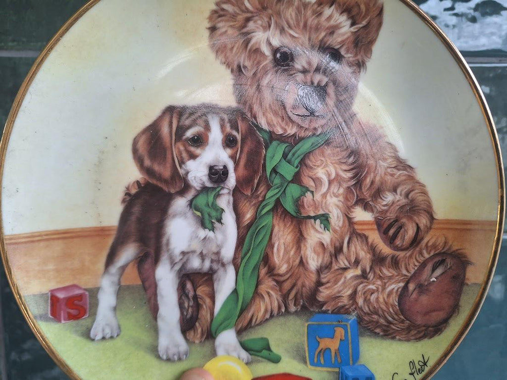 Cara Fleck "Caught In The Act" Beagle Puppy Teddy Bear Plate  Teddies Playmates Collection