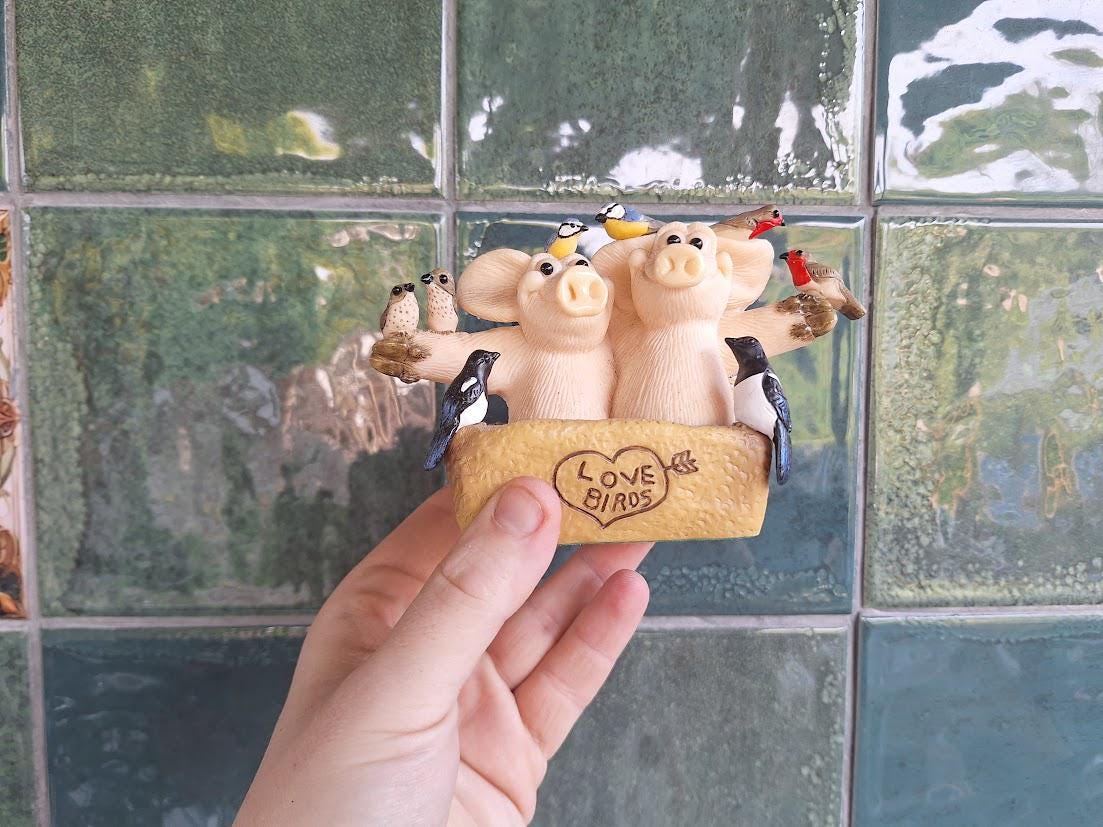 Piggin Love Birds Figurine David Corbridge 2001 Handmade Pig Ornament Collectable Bird Lovers Gift