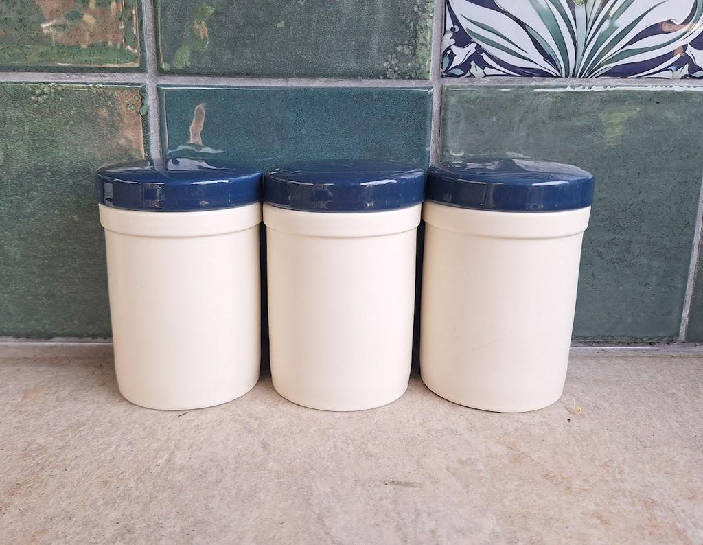 Set of 3 Vintage Cream Pots with Navy Blue Lids  Retro Kitchen Storage Containers