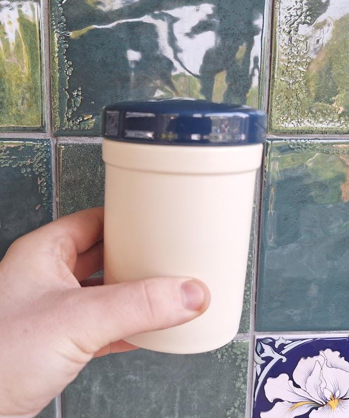 Set of 3 Vintage Cream Pots with Navy Blue Lids  Retro Kitchen Storage Containers
