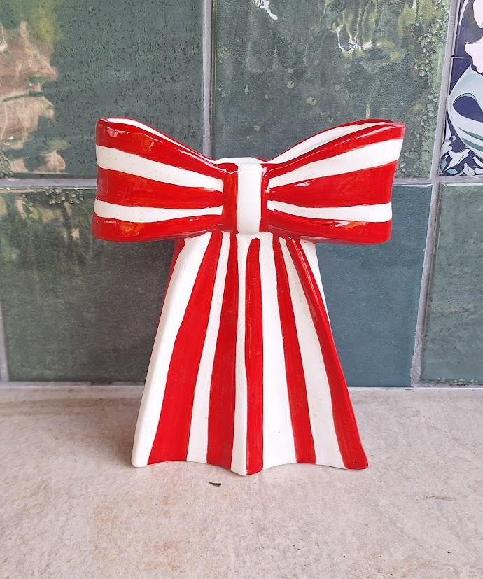 Large Ceramic Bow Vase: Red White Stripes, Candy Cane Style Home Decor