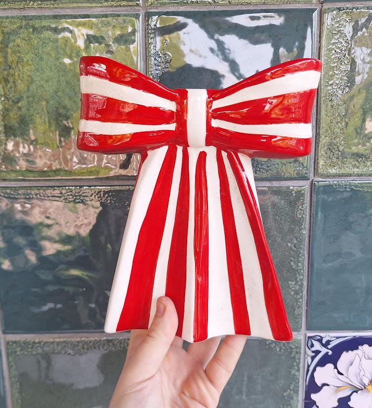 Large Ceramic Bow Vase: Red White Stripes, Candy Cane Style Home Decor