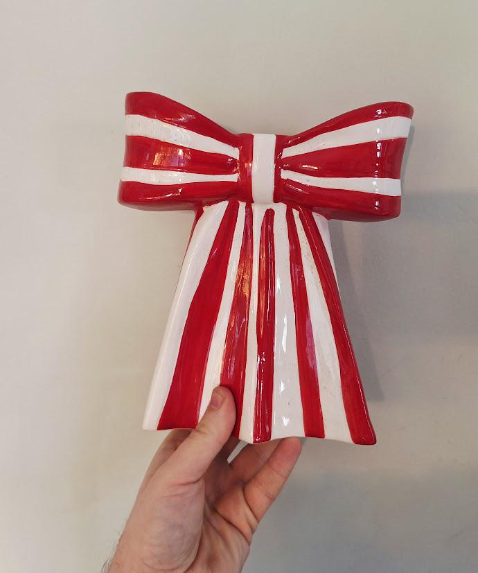 Large Ceramic Bow Vase: Red White Stripes, Candy Cane Style Home Decor