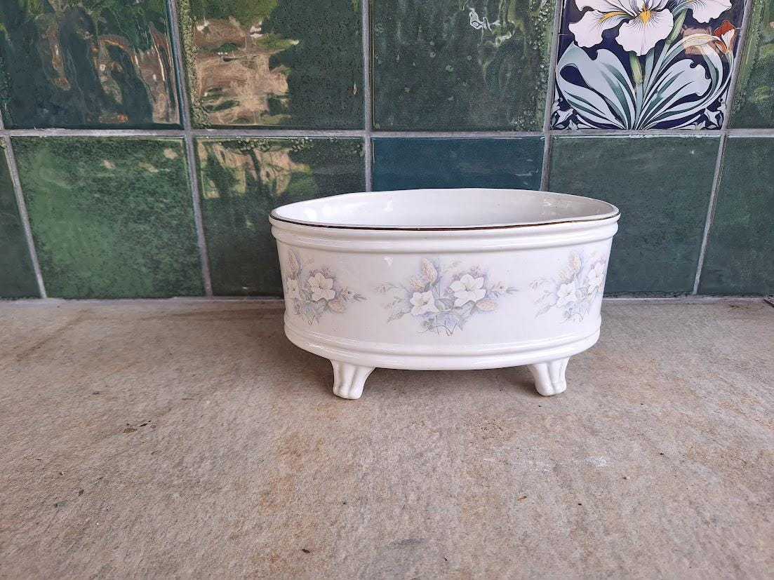 Equestrian Staffordshire Floral Ceramic Jardiniere Planter  Footed Cottage Garden Pot