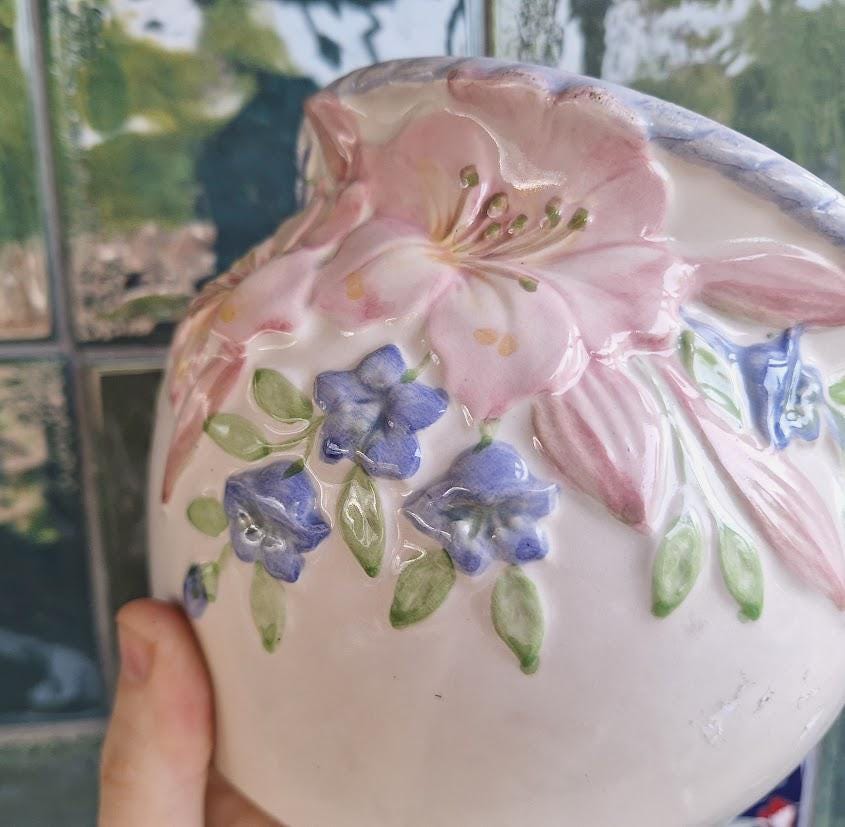 Embossed Floral Ceramic Planter: Pink Lily, Bluebell Jardiniere  Cottage Garden Home Display