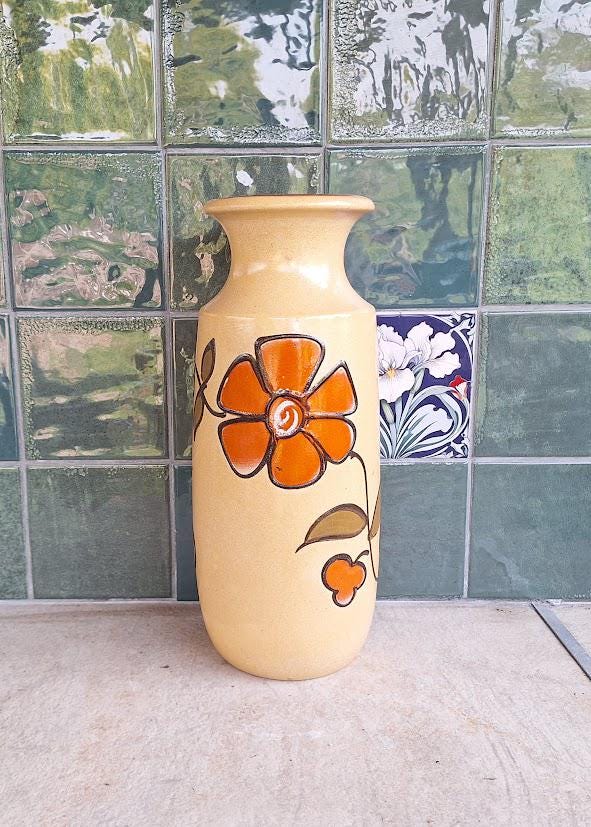 Vintage Scheurich West German Vase Orange Floral Fat Lava Mid Century Ceramic Home Décor