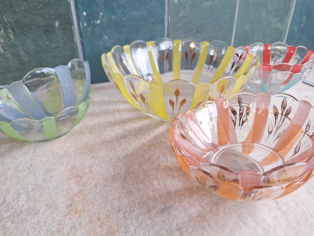 Vintage Art Deco Glass Dessert Bowls Set: Frosted Colored Fruit Sundae Dishes