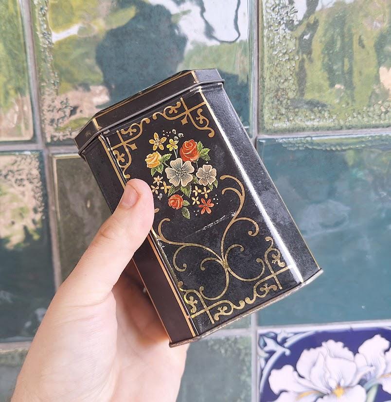 Vintage Black Floral Tea Coffee Tins  Gold Scroll Octagonal Canisters Cottage Decor