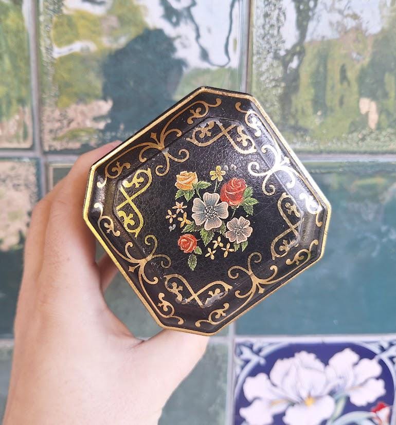 Vintage Black Floral Tea Coffee Tins  Gold Scroll Octagonal Canisters Cottage Decor