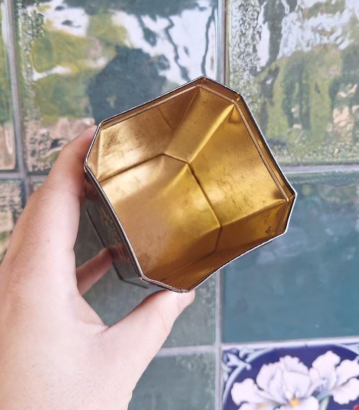 Vintage Black Floral Tea Coffee Tins  Gold Scroll Octagonal Canisters Cottage Decor