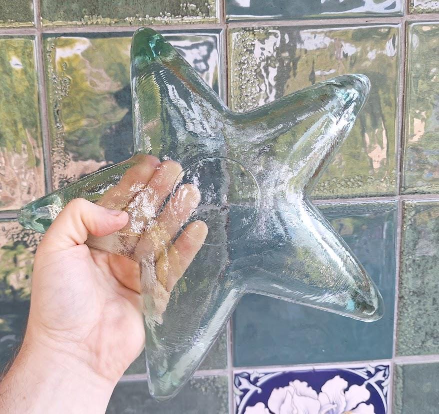 Vintage Green Glass Starfish Dish: Coastal Nautical Trinket Tray Centrepiece