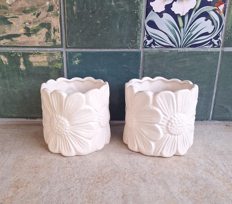 Set of 2 Embossed Daisy Ceramic Planters  Cottagecore Floral Cachepots