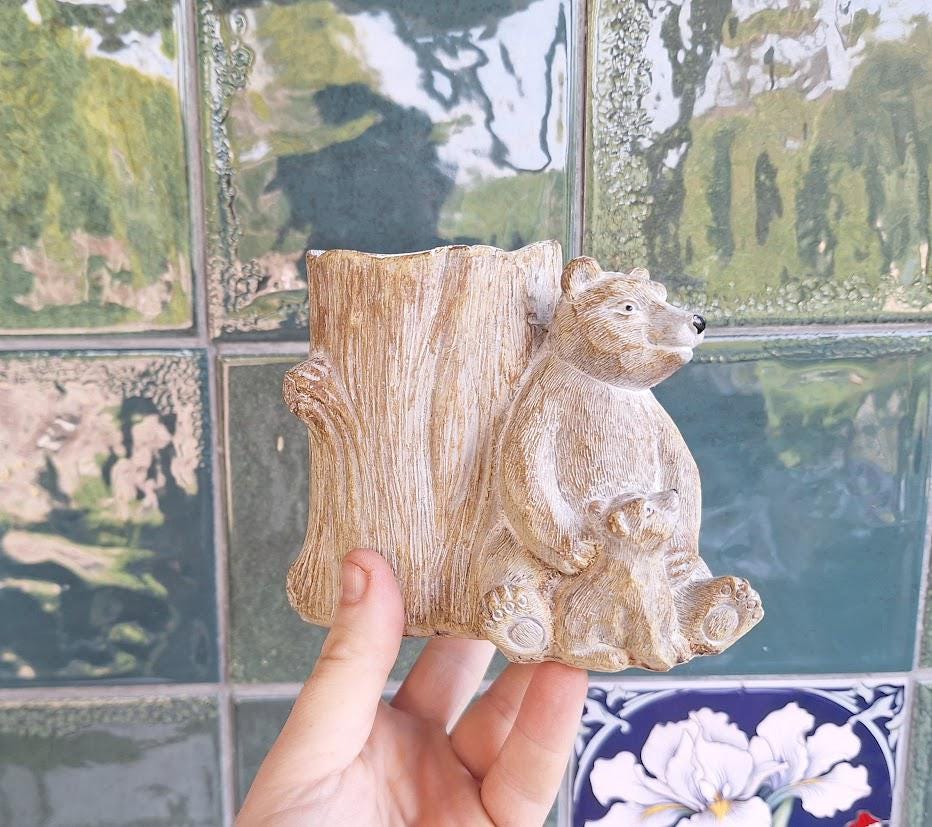 Vintage Bear Cub Resin Pen Holder: Rustic Woodland Desk Organizer Ornament