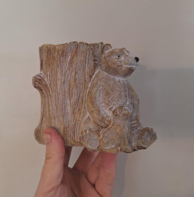 Vintage Bear Cub Resin Pen Holder: Rustic Woodland Desk Organizer Ornament
