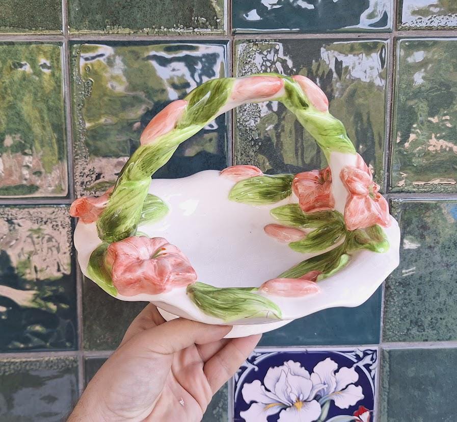 Hand-Painted Ceramic Basket Bowl: Pink Floral Centrepiece, Cottagecore Decor