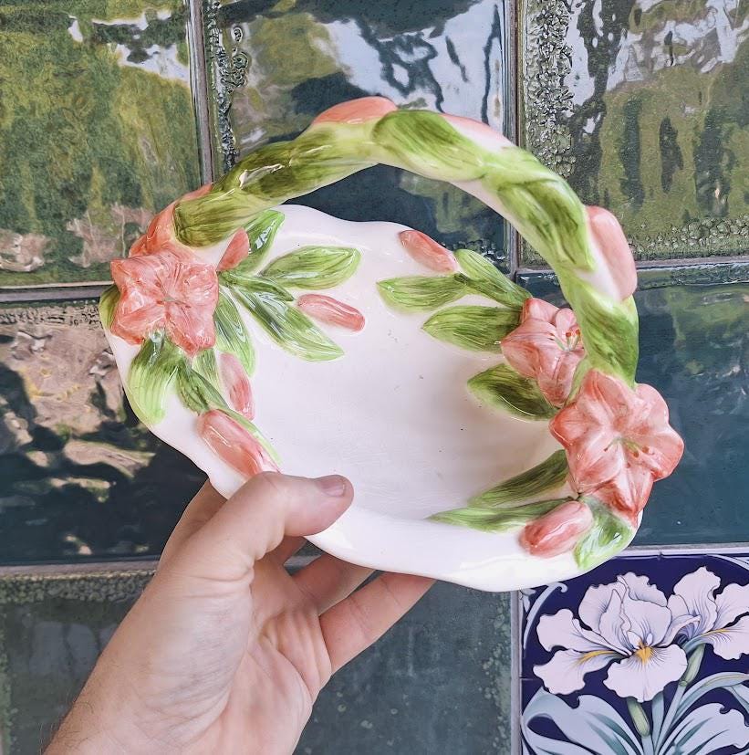 Hand-Painted Ceramic Basket Bowl: Pink Floral Centrepiece, Cottagecore Decor