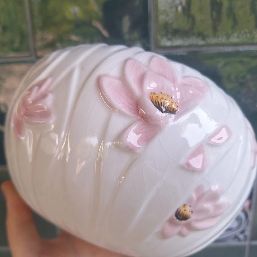 Vintage Ceramic Bowl: Pink Blossom Relief, Cottagecore Home Decor, Potpourri Holder