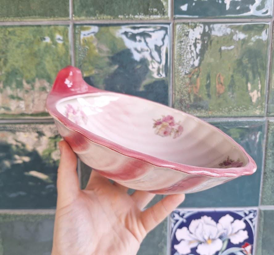 Vintage Pink Shell Dish: Floral Porcelain Trinket Bowl, Cottagecore Rose Bouquet Vanity Tray