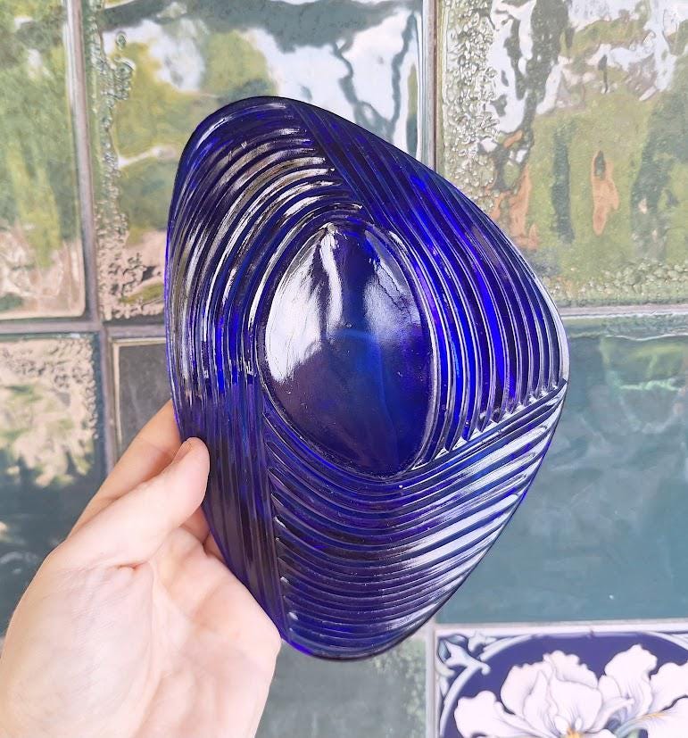 Vintage Cobalt Blue Glass Trinket Dish  Ribbed Swirl Art Glass Bowl, Scandinavian Decor