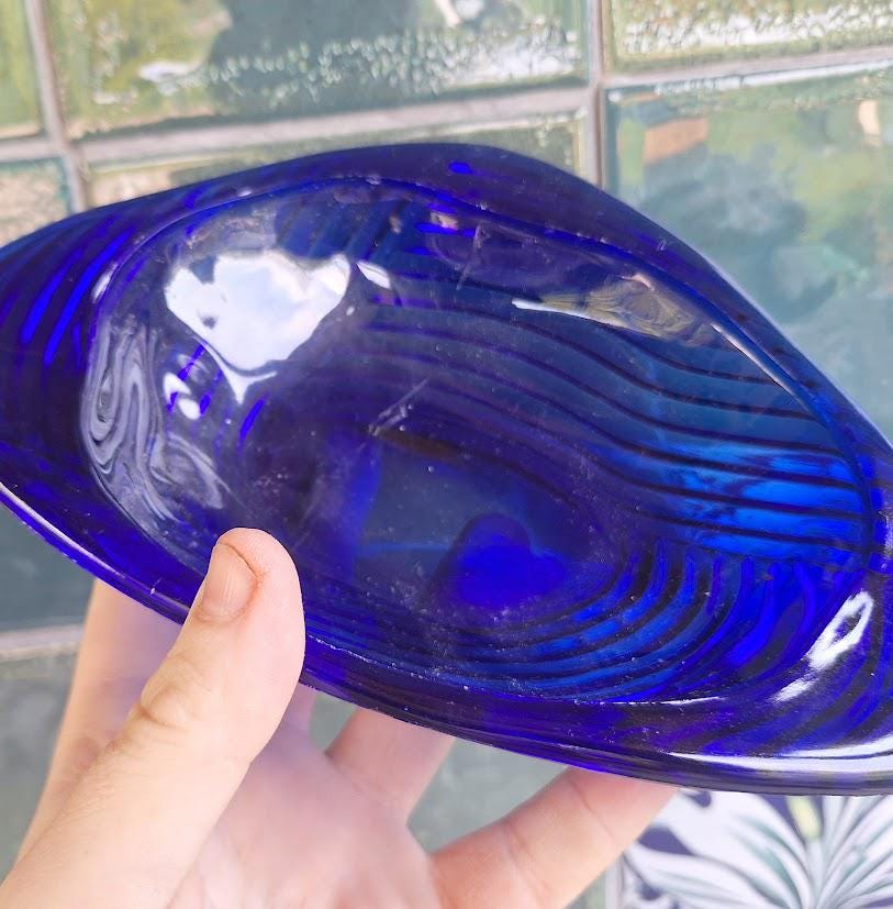 Vintage Cobalt Blue Glass Trinket Dish  Ribbed Swirl Art Glass Bowl, Scandinavian Decor