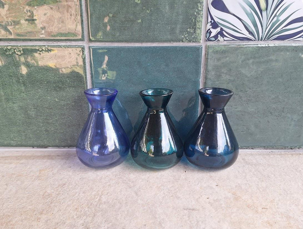 Set of 3 Vintage Blue Glass Bud Vases  Cobalt Teal Art Glass Posy Bottles