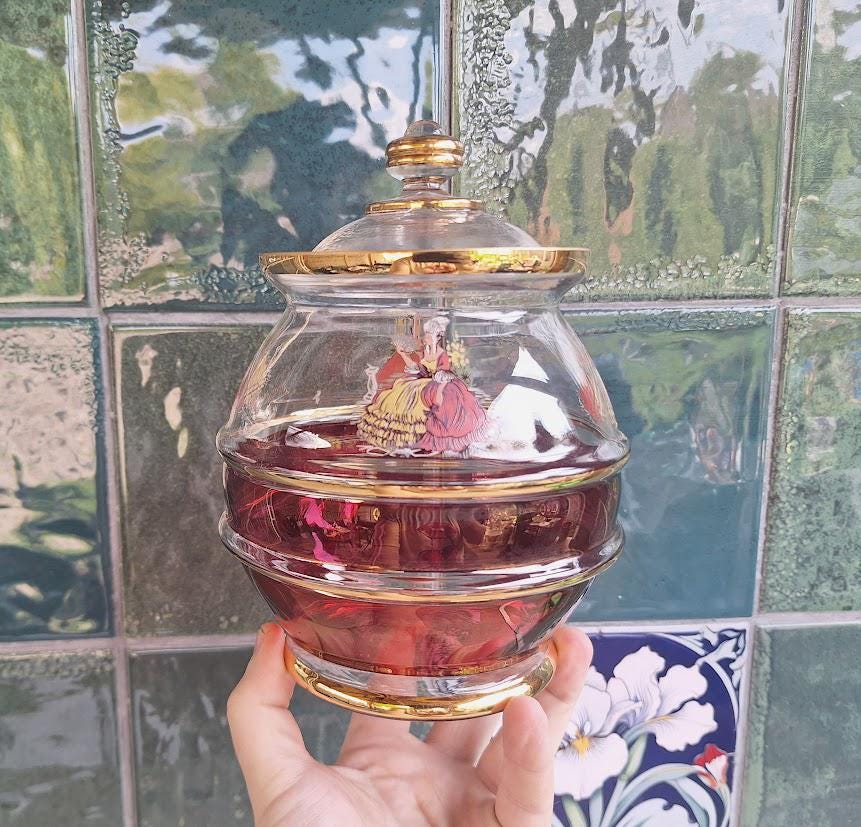Vintage Cranberry Glass Trinket Pot: Gold Gilt Romantic Couple Design Candy Dish