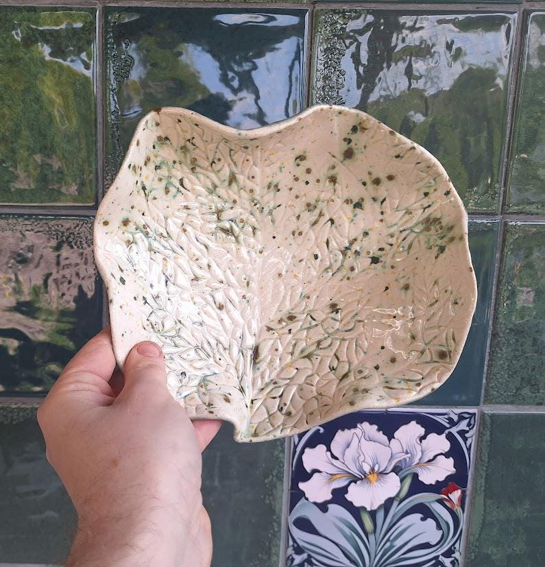 Handmade Studio Pottery Leaf Bowl: Speckled Glaze Botanical Trinket Dish