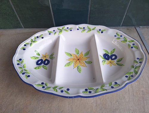 Hand Painted Ceramic Divided Platter: Olive Pattern Appetizer Dish Mediterranean Style